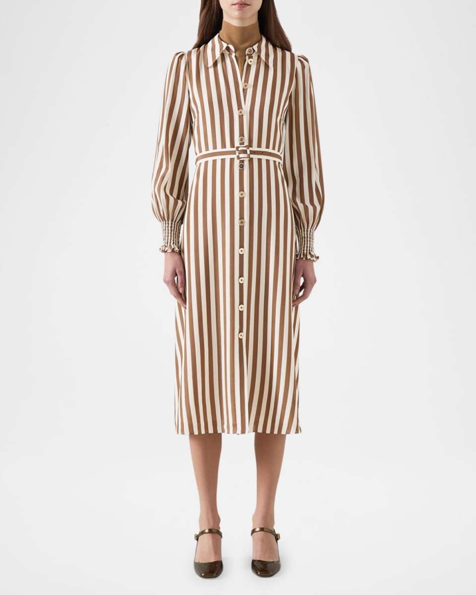 Emelia Striped Blouson-Sleeve Midi Shirtdress